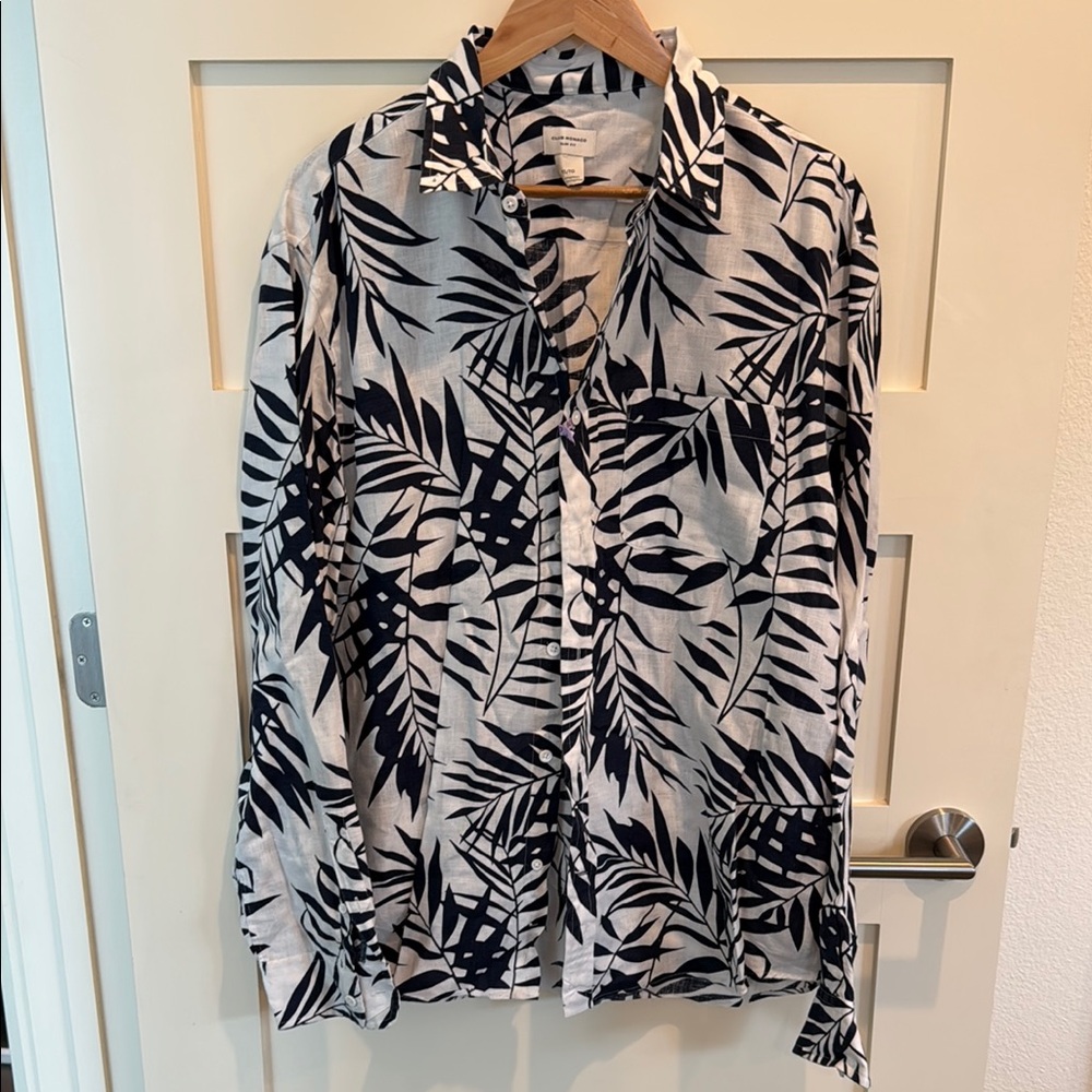 Men's Linen Black and White Leaf Print Shirt